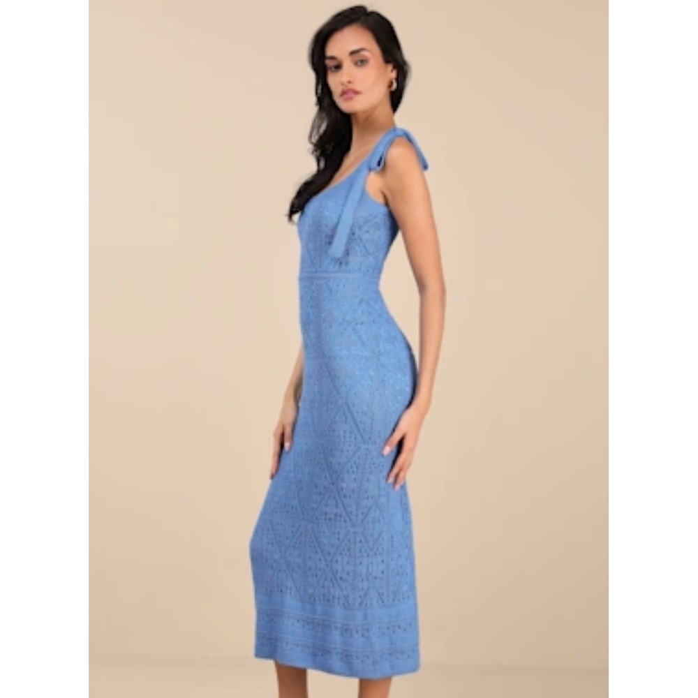 NWT Lulus Knit Crochet Tie Strap Midi Dress Blue Size M